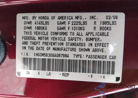 2006 Honda Accord 2.4 Se из США, поврежденный, VIN 1HGCM56306A087984